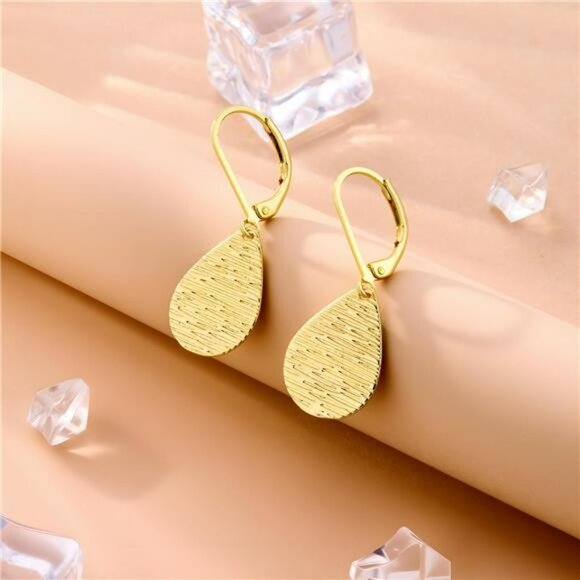 Gold teardrop dangle earrings for women sterling silver hammered drop leverback - Picture 4 of 7
